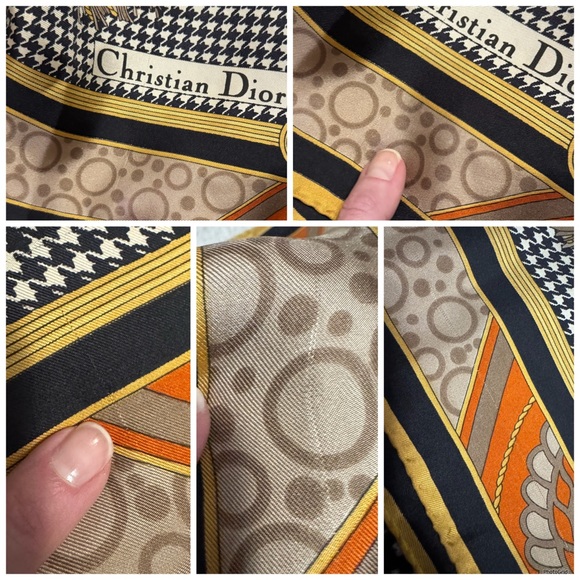 Christian Dior AUTHENTIC Herringbone Logo Vintage Silk Scarf Navy Orange Cream - Picture 14 of 16